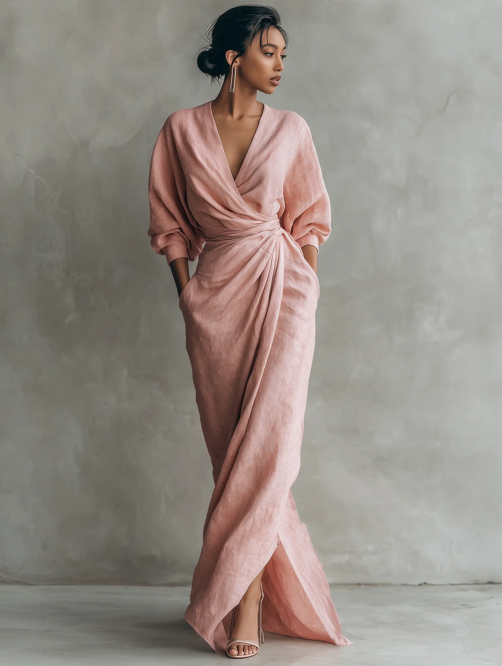 Rosie | Women's Pink Minimalist V-Neck Linen Blend Maxi Dress oaklynwear
