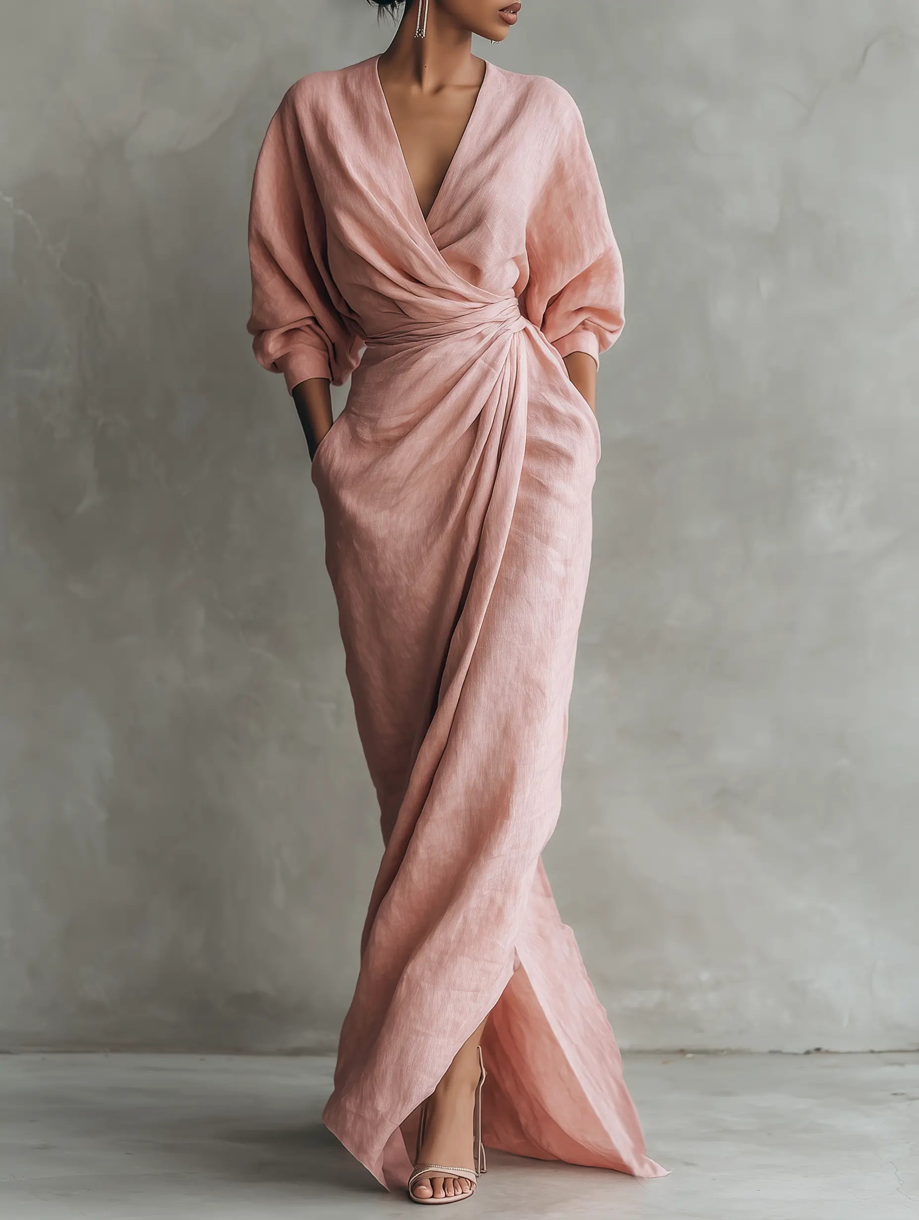 Rosie | Women's Pink Minimalist V-Neck Linen Blend Maxi Dress oaklynwear