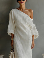 Elara™ | One-Shoulder Linen Maxi Dress with Pockets – Loose Fit Casual Summer Dress oaklynwear