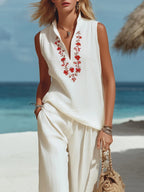 Flora | Floral Embroidered Top Wide-Leg Pants Set oaklynwear