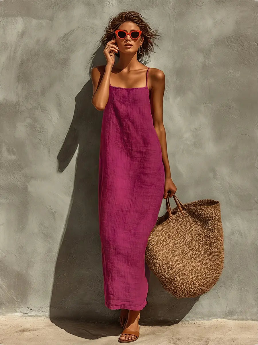 Ruby | Women's Red Cotton Dress With Spaghetti Straps & Square Neck oaklynwear