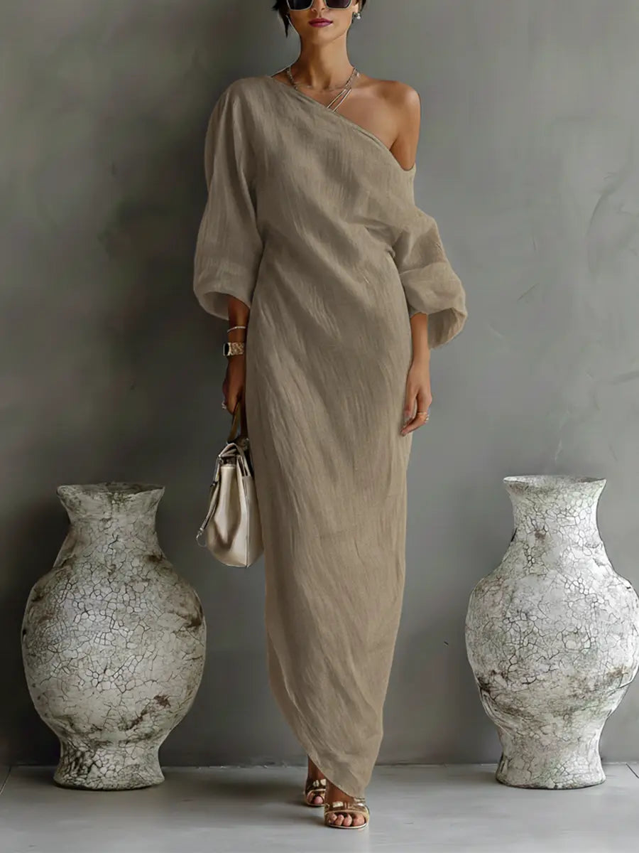 Elara™ | One-Shoulder Linen Maxi Dress with Pockets – Loose Fit Casual Summer Dress oaklynwear