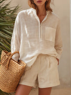 Brielle | Sheer Linen Shirt Striped Shorts Set oaklynwear