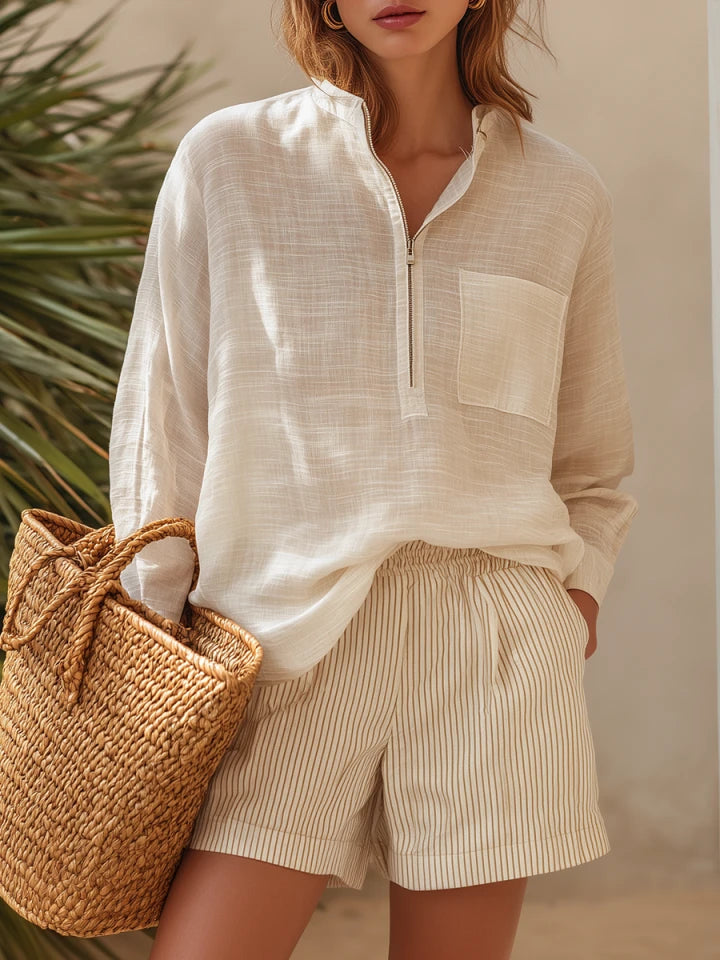 Brielle | Sheer Linen Shirt Striped Shorts Set oaklynwear