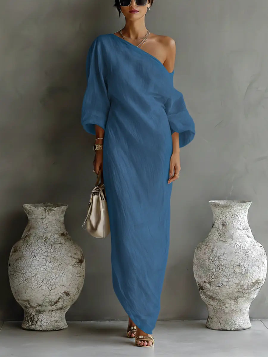 Elara™ | One-Shoulder Linen Maxi Dress with Pockets – Loose Fit Casual Summer Dress oaklynwear