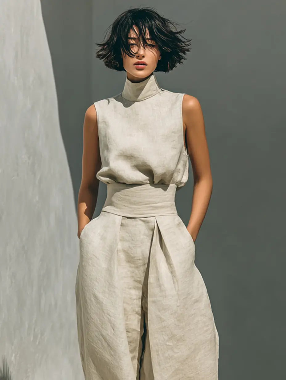 Phoebe | Women's Minimalist Cotton And Linen Blend Sleeveless Blouse And Wide-Leg Pants Set oaklynwear