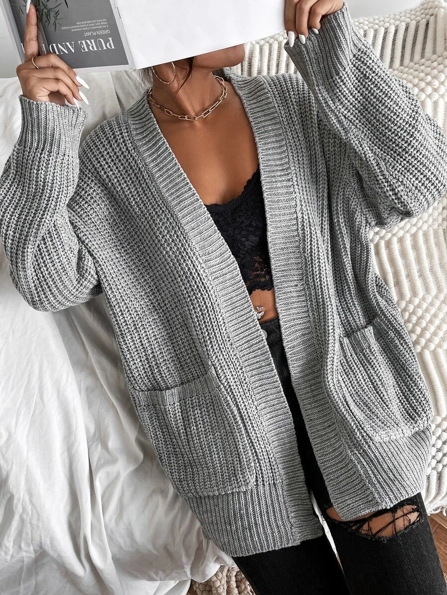 SHEIN Solid Dual Pockets Ribbed Knit Cardigan,Long Sleeve Tops Fall Winter Cloth For Women oaklynwear