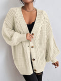 SHEIN Women's Beige Oversized Cable Knit Cardigan,Autumn Everyday Casual Button Front V Neck Bishop Sleeve Solid Plain Long Sleeve Tops oaklynwear