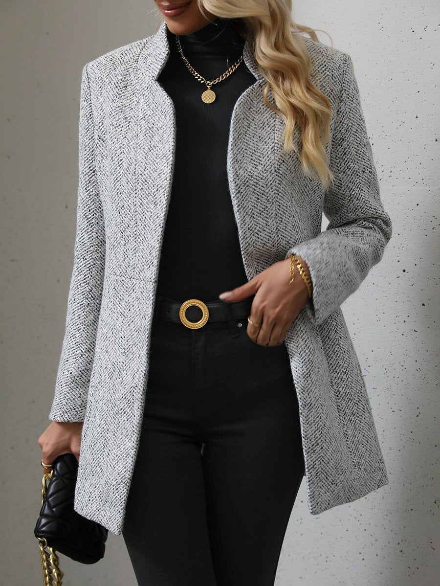 Daniela | Open Front Stand Collar Overcoat, Elegant Textured Coat oaklynwear