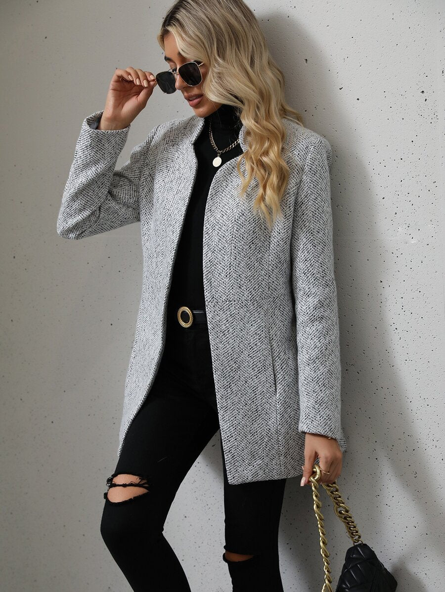 Daniela | Open Front Stand Collar Overcoat, Elegant Textured Coat oaklynwear