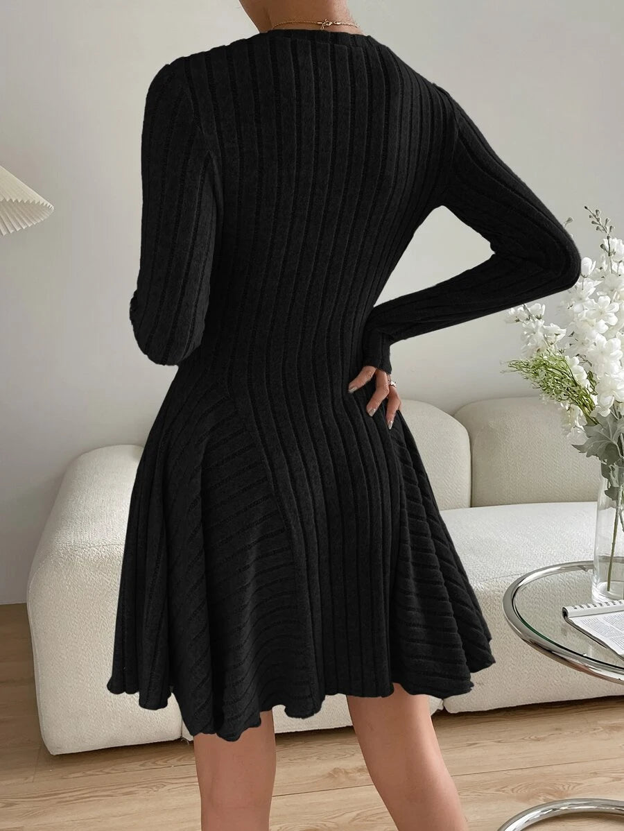 SHEIN Essnce Valentine's Day Women's Solid Round Neck Ribbed Long Sleeve Mini Dress,Burgundy,Autumn,Elegant,Tea Party New Years Party Outfit Dresses For Winter oaklynwear
