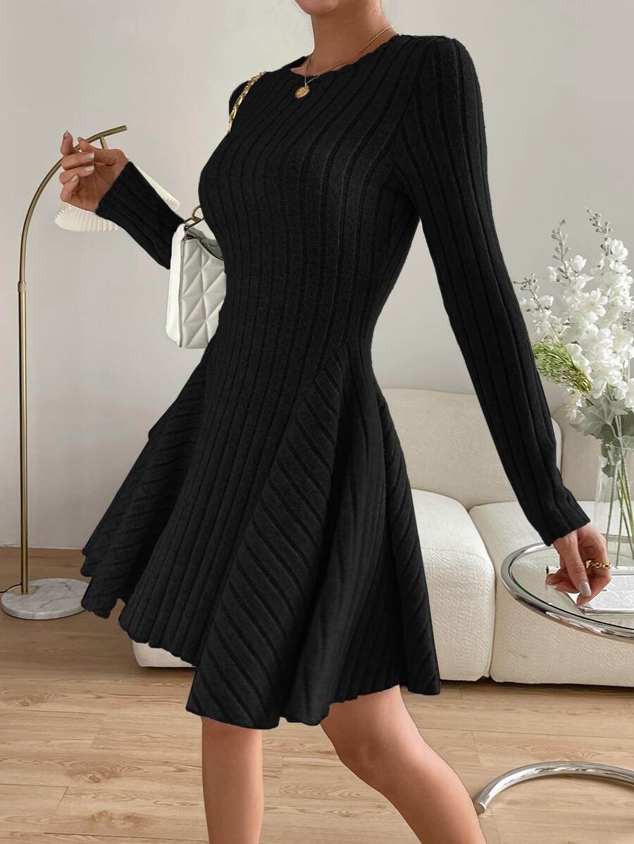 SHEIN Essnce Valentine's Day Women's Solid Round Neck Ribbed Long Sleeve Mini Dress,Burgundy,Autumn,Elegant,Tea Party New Years Party Outfit Dresses For Winter oaklynwear