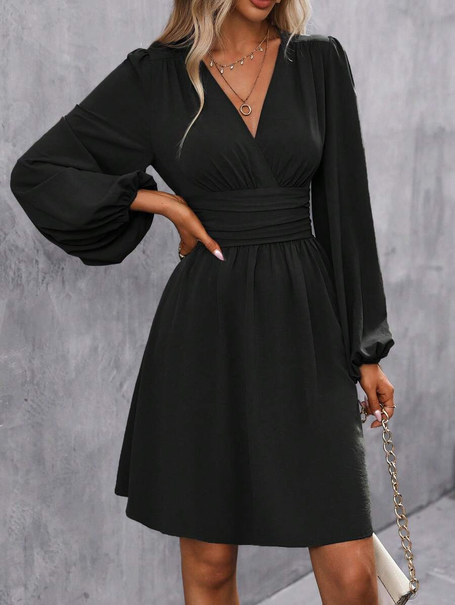 Makayla Surplice V-Neck Lantern Sleeve Ruched Waist A-Line Dress - front view