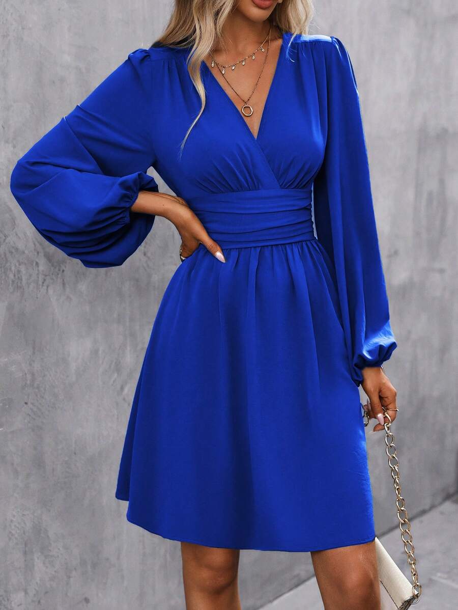 Makayla Surplice V-Neck Lantern Sleeve Ruched Waist A-Line Dress - view 8