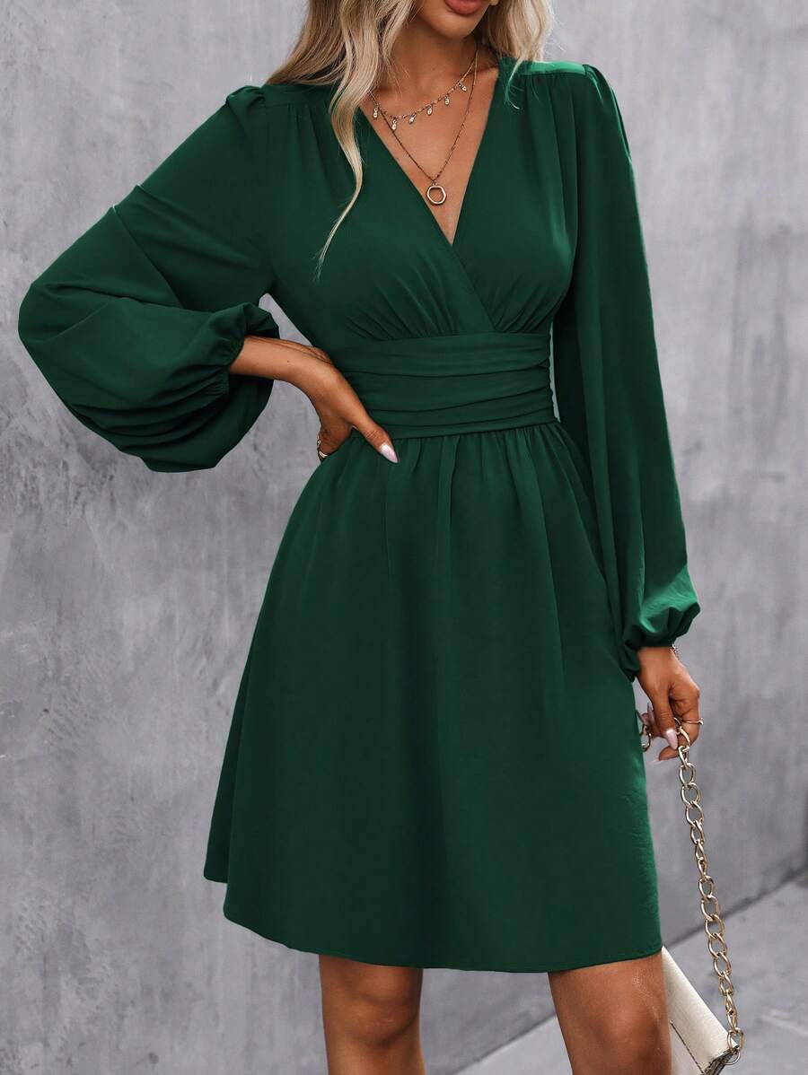 Makayla Surplice V-Neck Lantern Sleeve Ruched Waist A-Line Dress - view 9