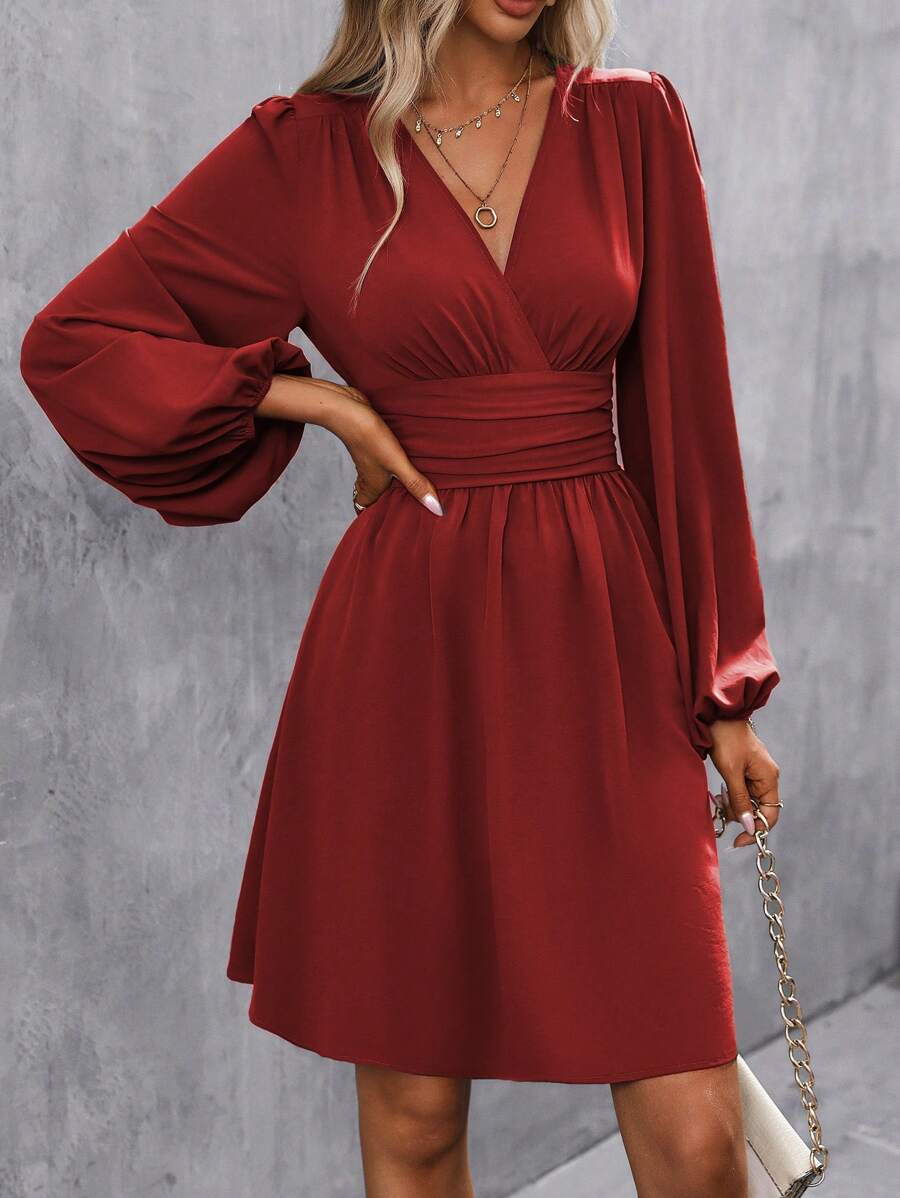 Makayla Surplice V-Neck Lantern Sleeve Ruched Waist A-Line Dress - view 10