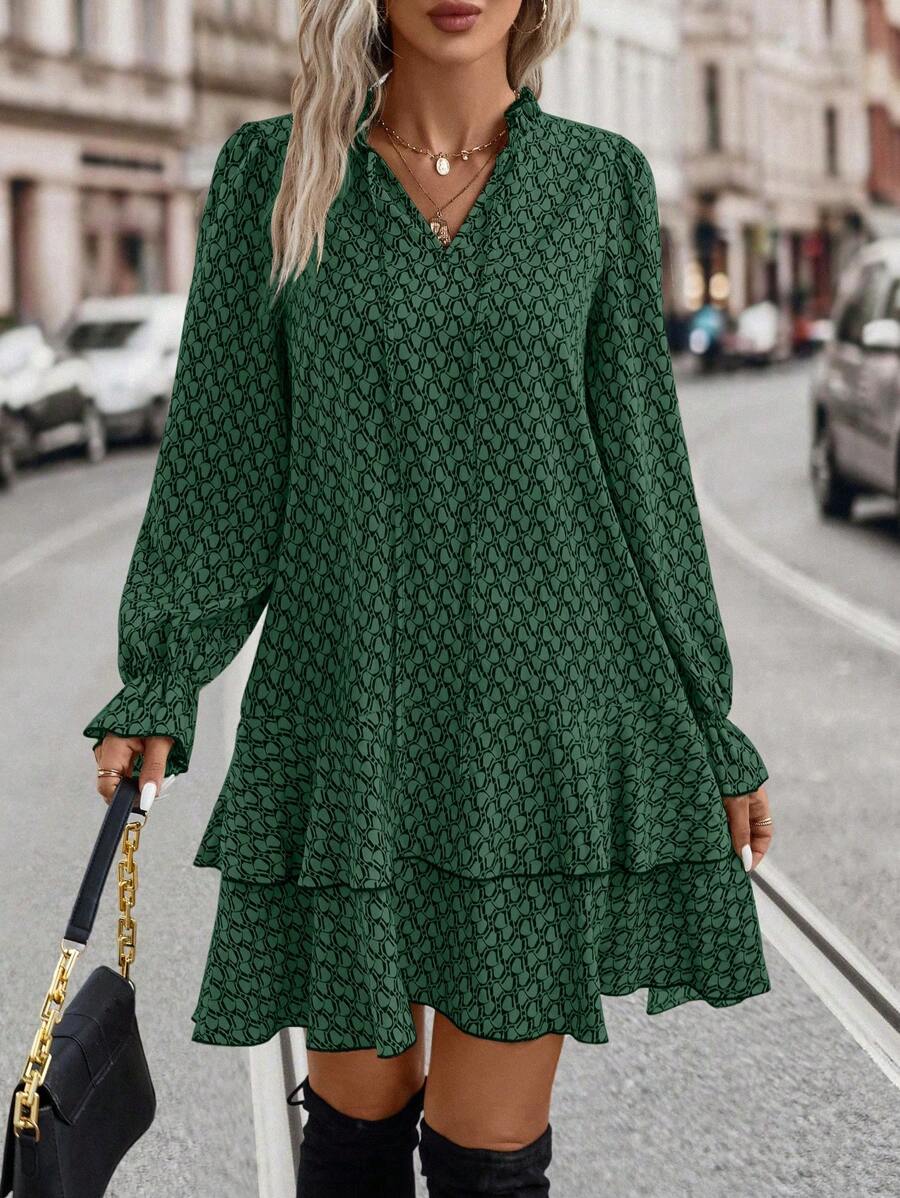 Larissa Tie-Neck Flare Sleeve Ruffle Hem Smock Dress - view 7
