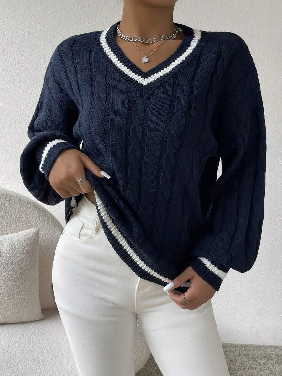 Sprig & Strand Striped Trim Cable Knit Drop Shoulder Sweater,Long Sleeve Tops Knit Pullover Fall Winter Sweater oaklynwear