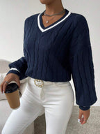 Sprig & Strand Striped Trim Cable Knit Drop Shoulder Sweater,Long Sleeve Tops Knit Pullover Fall Winter Sweater oaklynwear