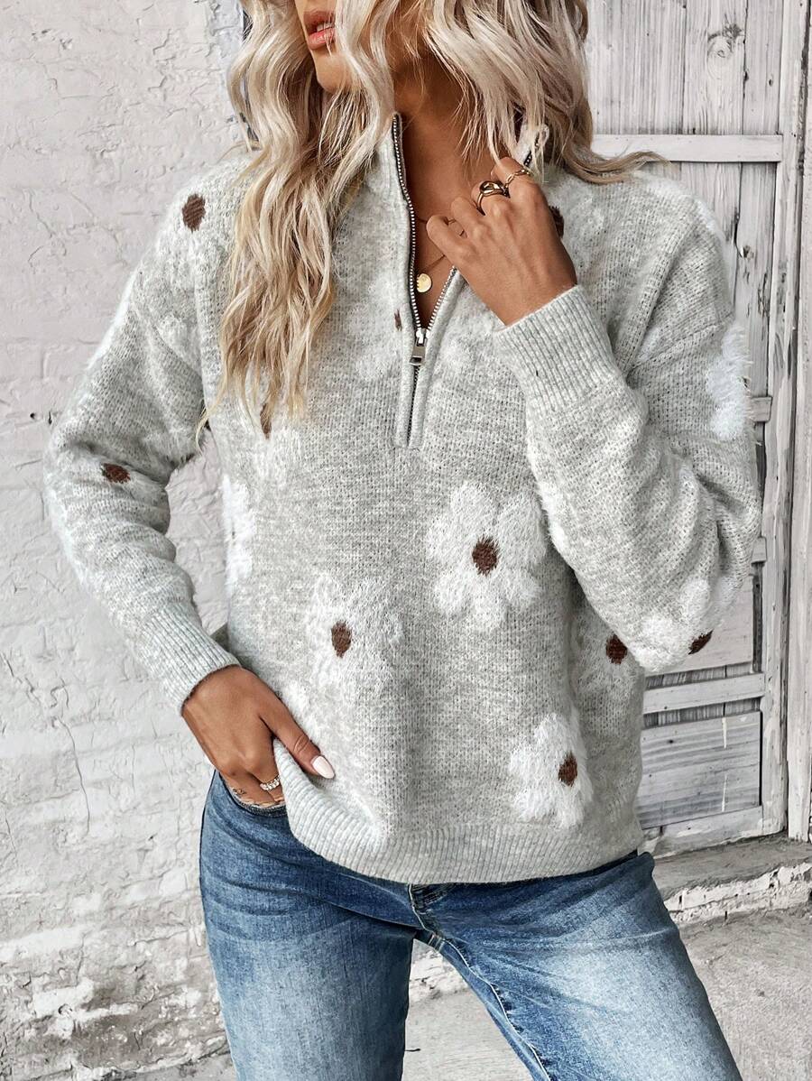 Lyla | Floral Embroidered Half Zip Pullover Sweater, Cozy Funnel Neck Knit oaklynwear