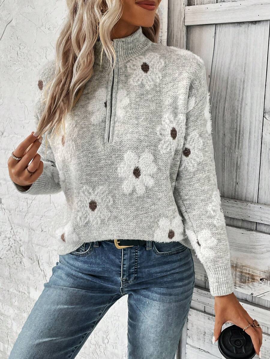 Lyla | Floral Embroidered Half Zip Pullover Sweater, Cozy Funnel Neck Knit oaklynwear