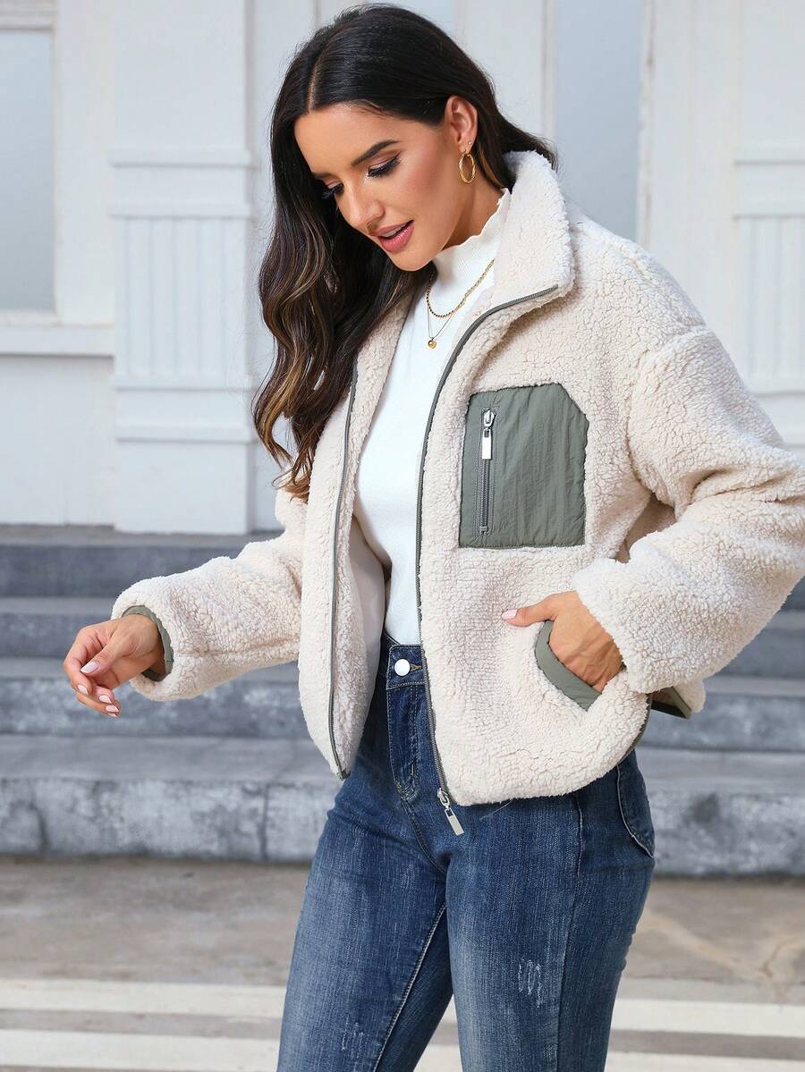 Women's Casual Everyday Zip-Up Contrast Color Sherpa Jacket, Autumn/Winter Spring oaklynwear