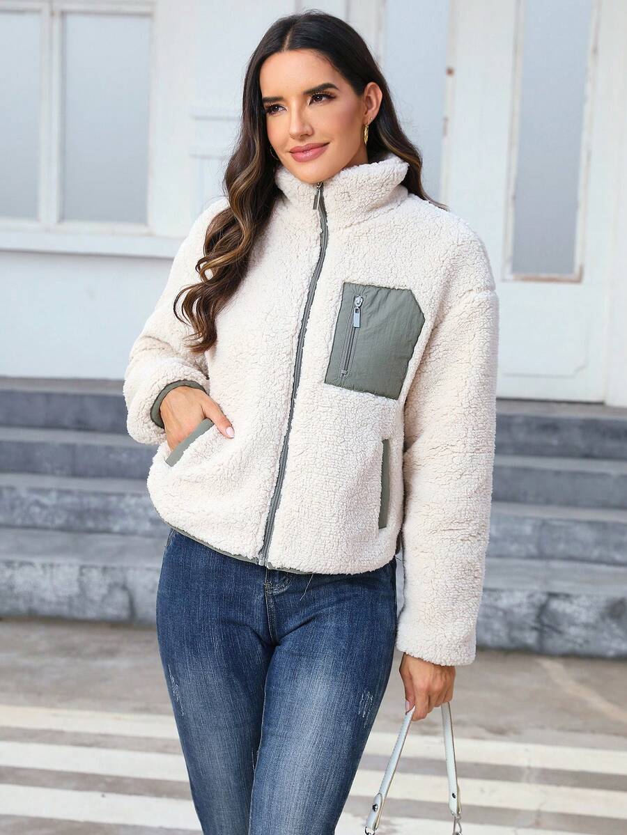 Women's Casual Everyday Zip-Up Contrast Color Sherpa Jacket, Autumn/Winter Spring oaklynwear