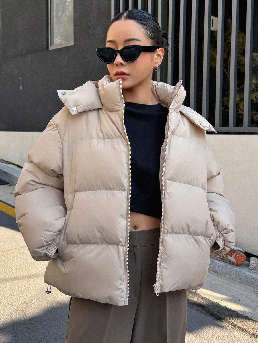 DAZY Women's Solid Color Zipper Collar Long Sleeve Hooded Casual Winter Jacket Women Coats oaklynwear