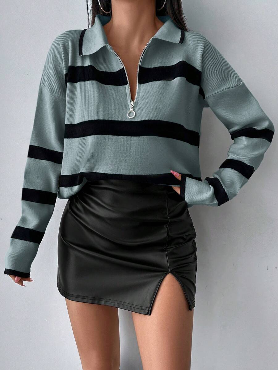 EURMUSE Women's Autumn Striped Zip-Up Half-Placket Lapel Drop Shoulder Long Sleeve Casual Loose Sweater oaklynwear