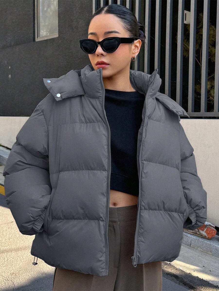 DAZY Women's Solid Color Zipper Collar Long Sleeve Hooded Casual Winter Jacket Women Coats oaklynwear