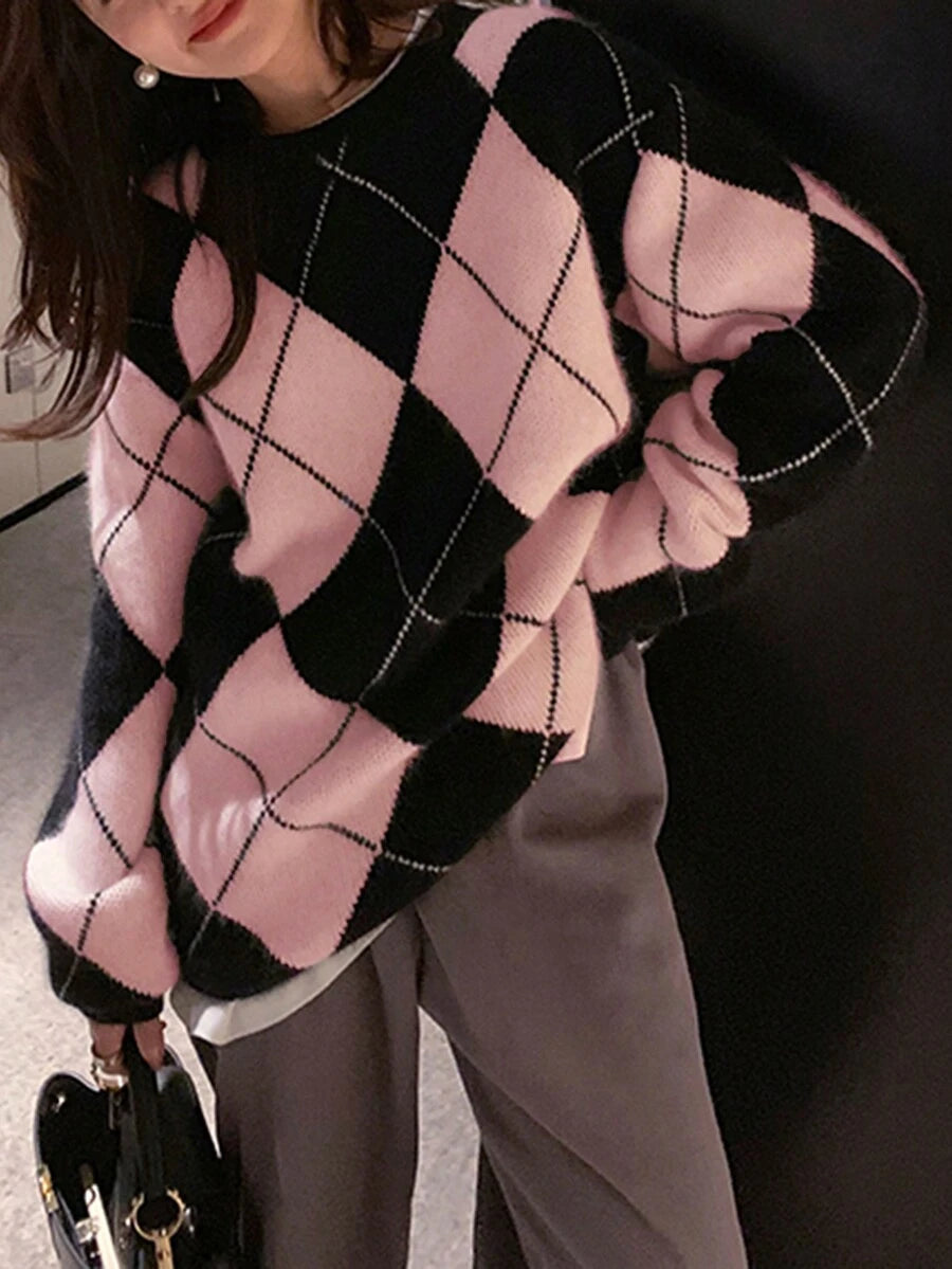 Oversized Argyle Stylish Crew Neck Sweater oaklynwear