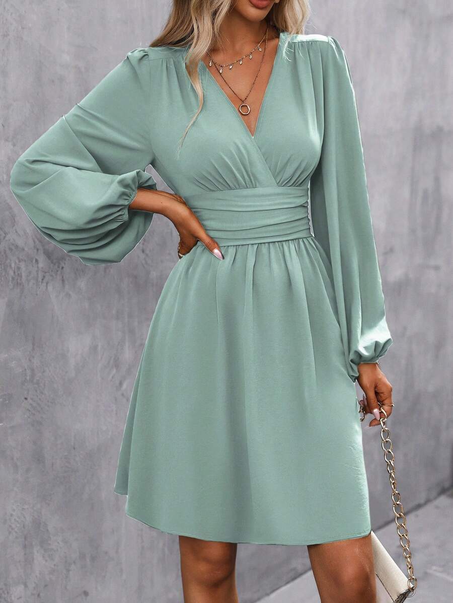 Makayla Surplice V-Neck Lantern Sleeve Ruched Waist A-Line Dress - view 11