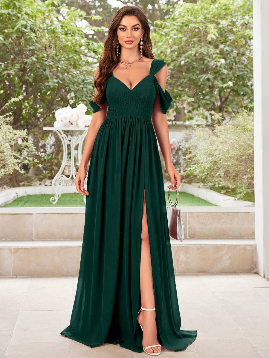 UNITHORSE Women's Solid Color Minimalist Daily Chiffon Cold Shoulder Dress Bridesmaid Dress Wedding Spring Fall oaklynwear