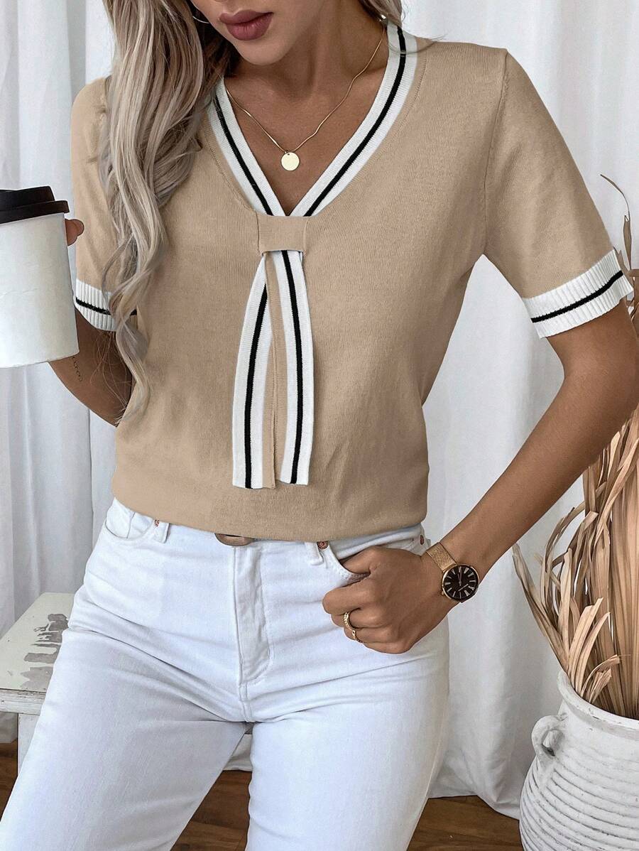 Madelyn | Tie-Neck V-Neck Knit Top with Contrast Trim, Everyday Short Sleeve Sweater oaklynwear