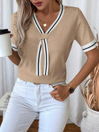 Madelyn | Tie-Neck V-Neck Knit Top with Contrast Trim, Everyday Short Sleeve Sweater oaklynwear