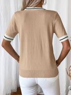 Madelyn | Tie-Neck V-Neck Knit Top with Contrast Trim, Everyday Short Sleeve Sweater oaklynwear
