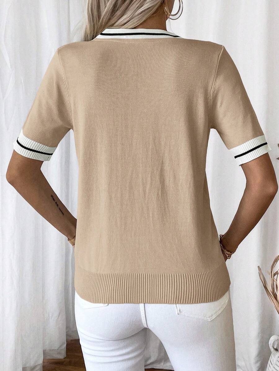 Madelyn | Tie-Neck V-Neck Knit Top with Contrast Trim, Everyday Short Sleeve Sweater oaklynwear