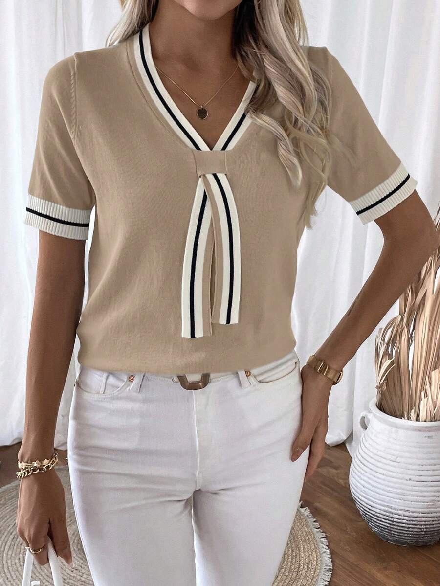 Madelyn | Tie-Neck V-Neck Knit Top with Contrast Trim, Everyday Short Sleeve Sweater oaklynwear
