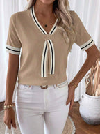 Madelyn | Tie-Neck V-Neck Knit Top with Contrast Trim, Everyday Short Sleeve Sweater oaklynwear