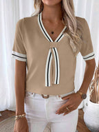 Madelyn | Tie-Neck V-Neck Knit Top with Contrast Trim, Everyday Short Sleeve Sweater oaklynwear