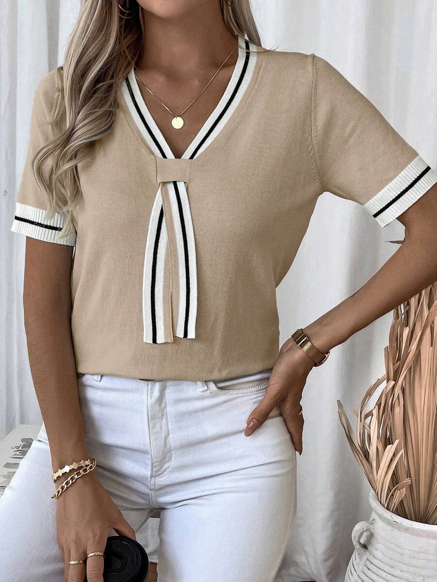 Madelyn | Tie-Neck V-Neck Knit Top with Contrast Trim, Everyday Short Sleeve Sweater oaklynwear