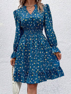 SHEIN Clasi Ditsy Floral Print Notch Neck Shirred Waist Dress Fall Cloth For Women oaklynwear