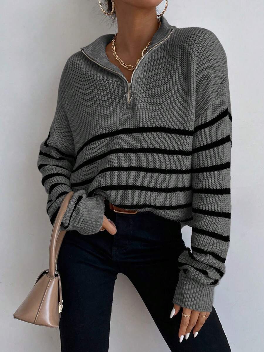 Pariaura Striped Pattern Half Zip Drop Shoulder Jumper oaklynwear