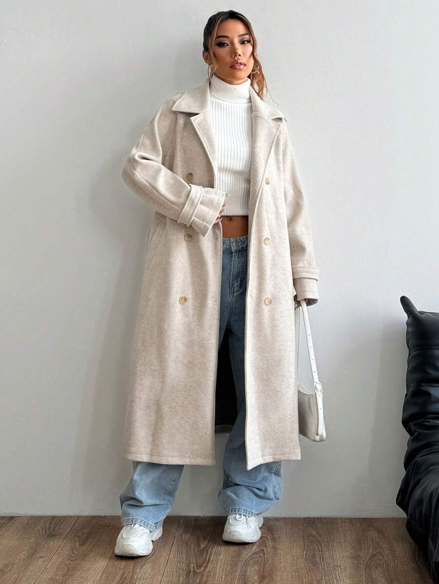 Kylie Belted Notched Collar Long Overcoat - front view