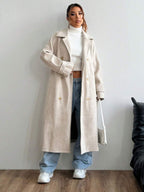 Kylie Belted Notched Collar Long Overcoat - front view