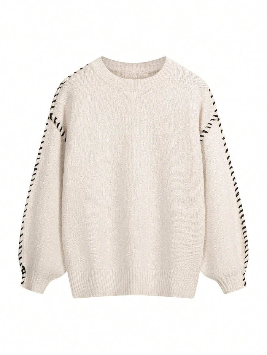 EAVA Autumn/Winter Chunky Knit Contrast Color Contrast Stitch Crew Neck Sweater For Women, Fluffy Warm Fabric, Vintage Pullover Knit Top Fall oaklynwear