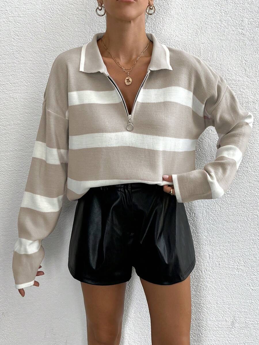 EURMUSE Women's Autumn Striped Zip-Up Half-Placket Lapel Drop Shoulder Long Sleeve Casual Loose Sweater oaklynwear