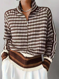 Eliana | Houndstooth Zip Front Cardigan with Stand Collar, Raglan Sleeve Knit Jacket oaklynwear