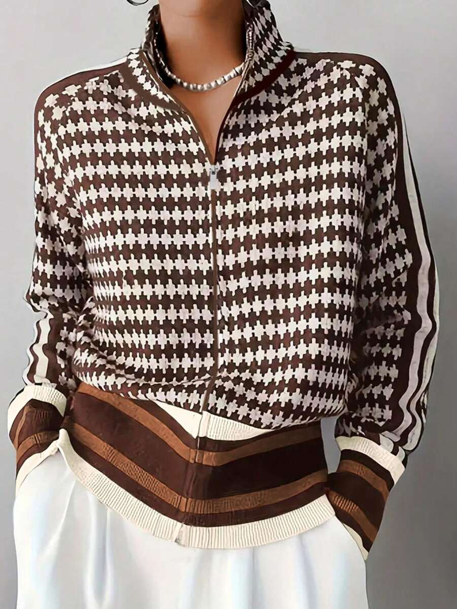 Eliana | Houndstooth Zip Front Cardigan with Stand Collar, Raglan Sleeve Knit Jacket oaklynwear