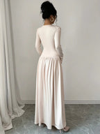 Rafferiza 1pc Long Sleeve V-Neck Waist Cinched Elegant And Charming Dress Maxi Women Outfit oaklynwear